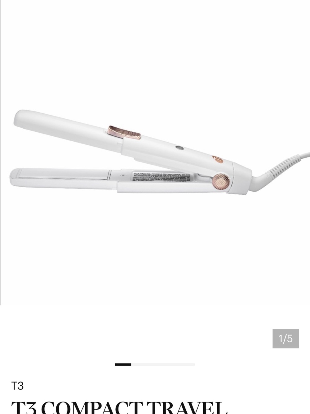 T3 Mini Flat Iron in White with Rose Gold Details